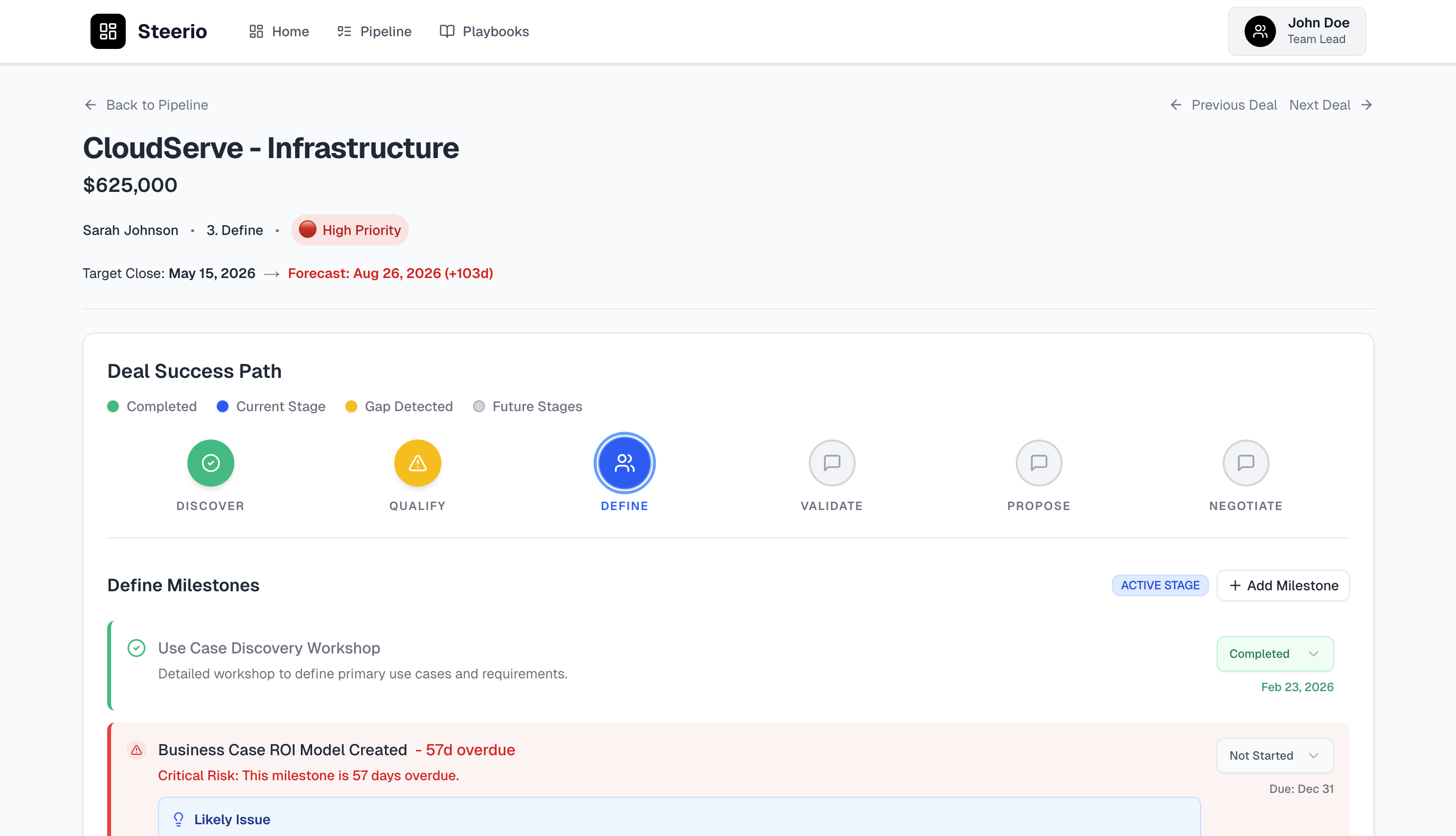 Steerio deal page showing CloudServe deal with success path, milestones, and AI coaching insights