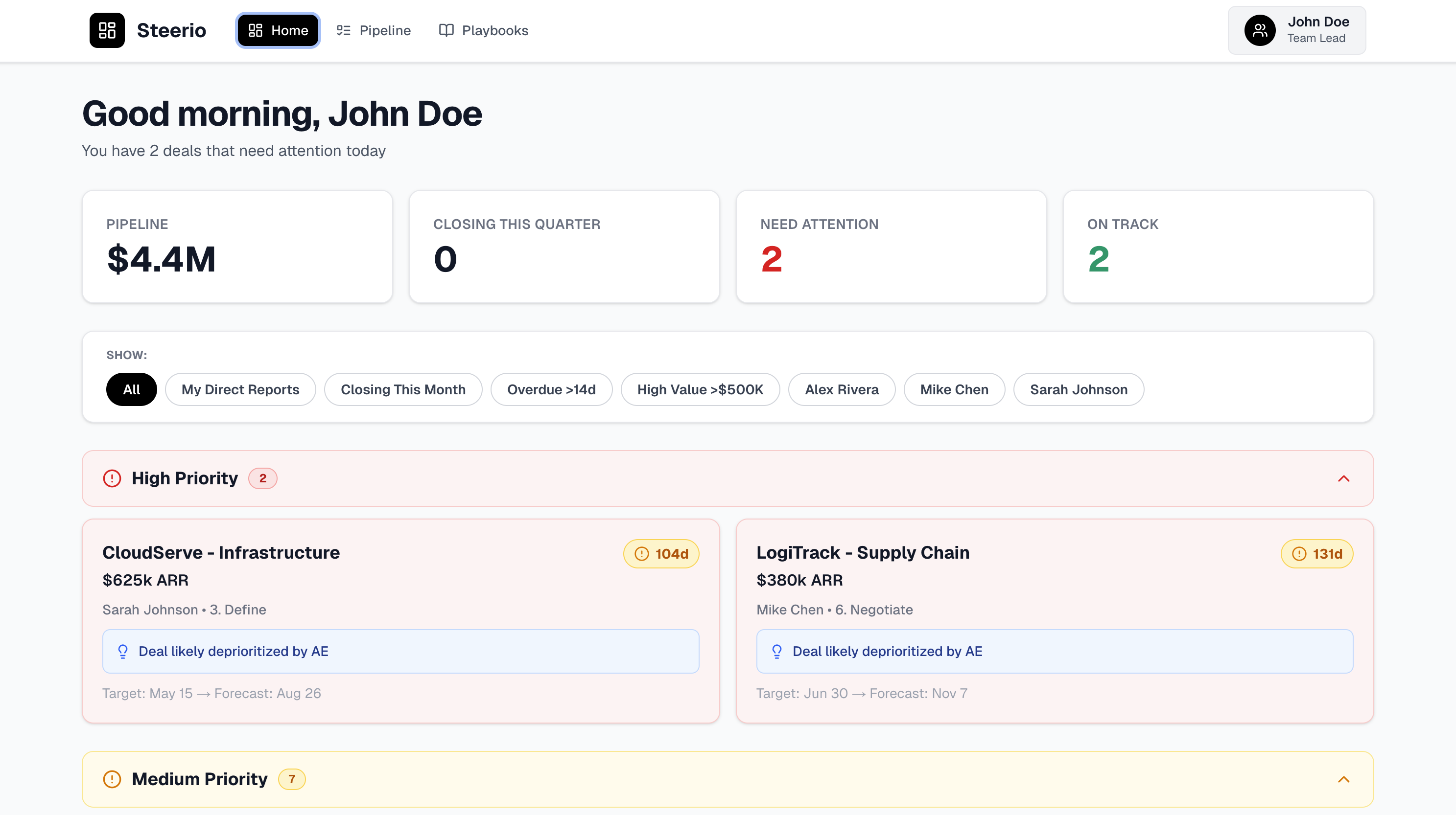 Steerio home dashboard showing auto-prioritized deals with High Priority and Medium Priority sections