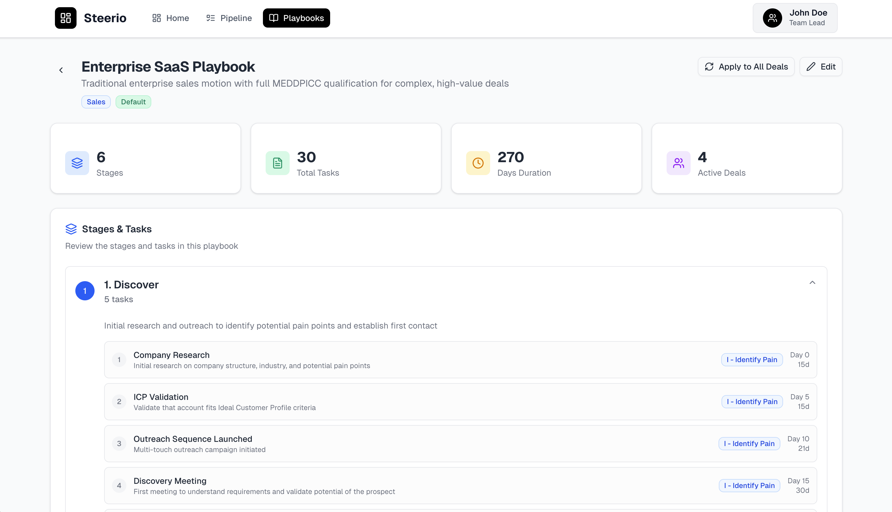 Steerio playbook page showing Enterprise SaaS Playbook with 6 stages, 30 tasks, and stage-by-stage breakdown